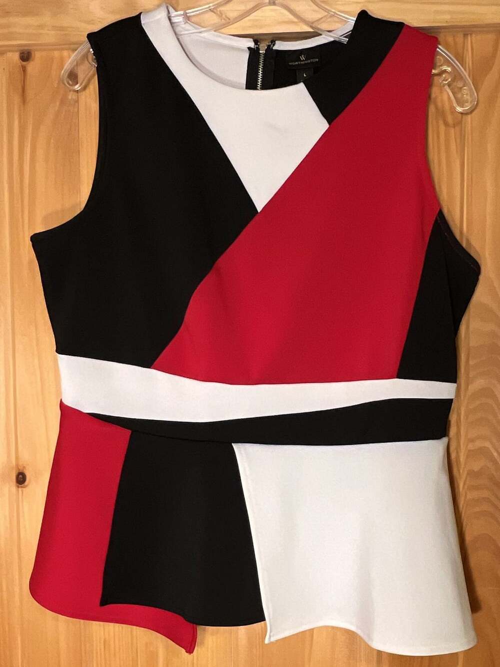 Worthington Colorblock Sleeveless Peplum Top Black Red White Size L